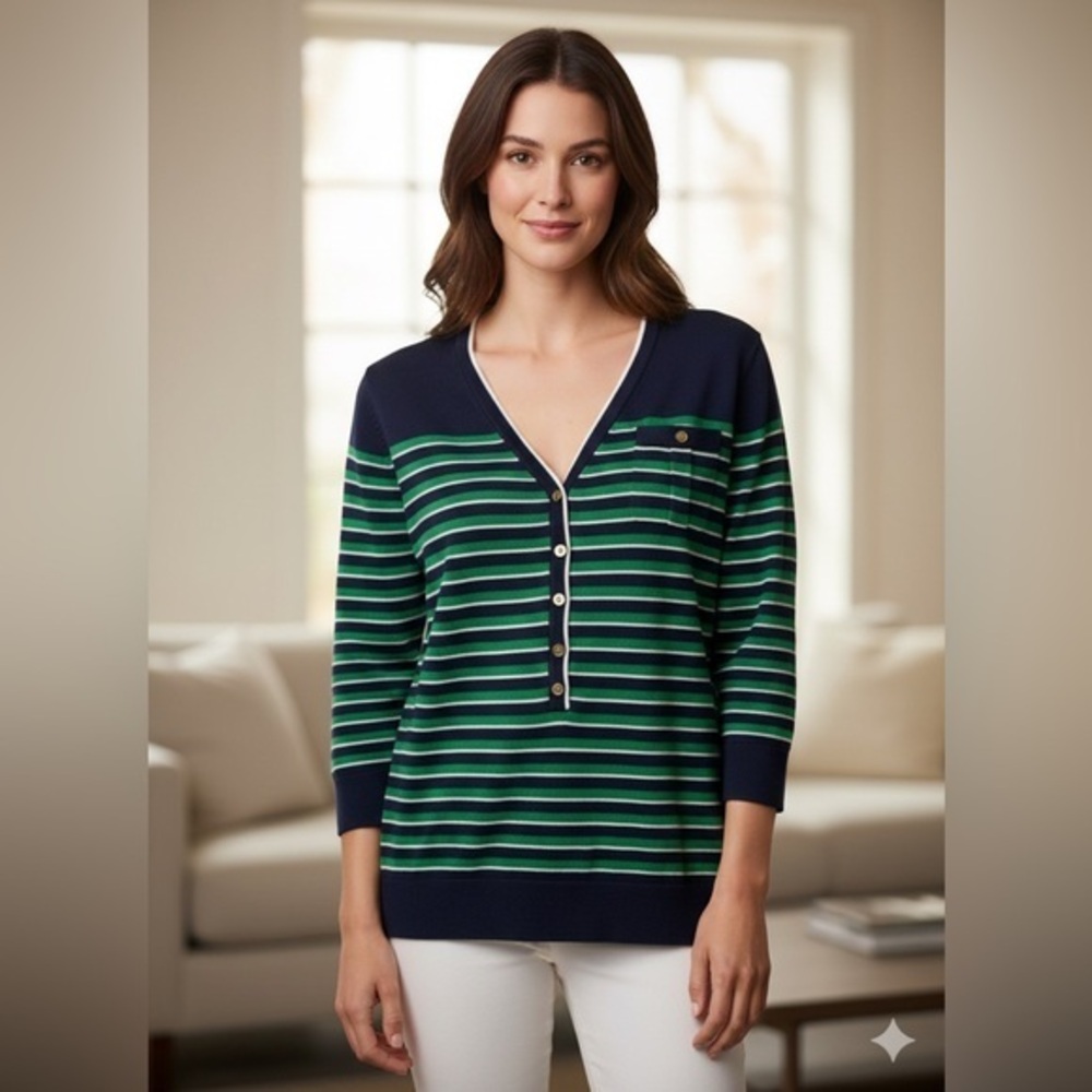 Lands’ End Women’s Medium 10 12 100% Supima Cotton Blue Green Stripe Sweater M